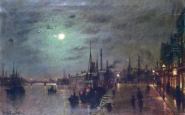 Harbour Scene At Night Oil Painting by Wilfred Jenkins