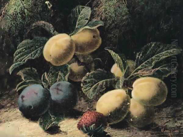 Still Life Of Plums And A Strawberry Oil Painting by Oliver Clare