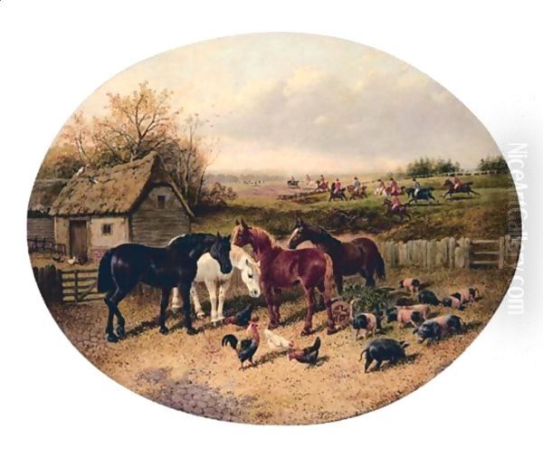 Farmyard With The Hunt In The Distance Oil Painting by John Frederick Herring Snr