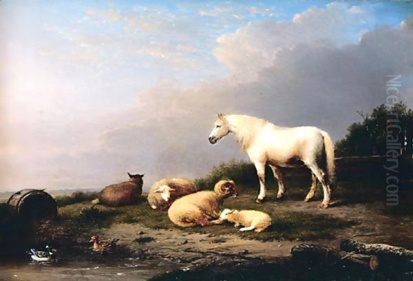 Horse, Sheep And Goat In A Landscape Oil Painting by Franz van Severdonck