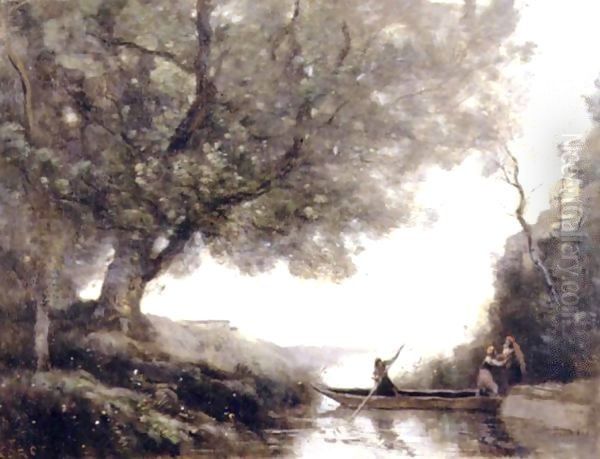 Les Paysannes Montant Dans La Barque Du Passeur Oil Painting by Jean-Baptiste-Camille Corot