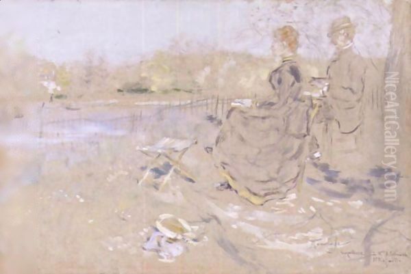 La Lecture Au Bord Du Fleuve Oil Painting by Jean-Francois Raffaelli