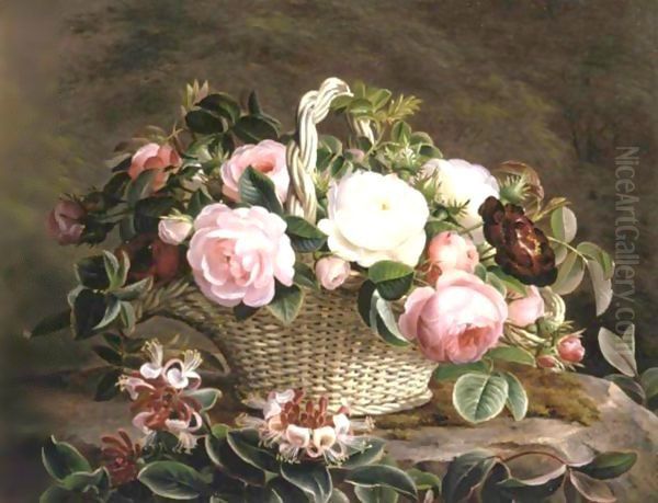 A Basket Of Pink And White And Red Roses With Honeysuckle Oil Painting by Johan Laurentz Jensen