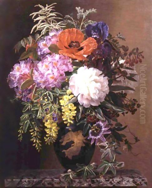 Red, Pink And White Roses And Orange, Yellow And Pink Primroses In An Etruscan Vase On A Marble Base Oil Painting by Johan Laurentz Jensen