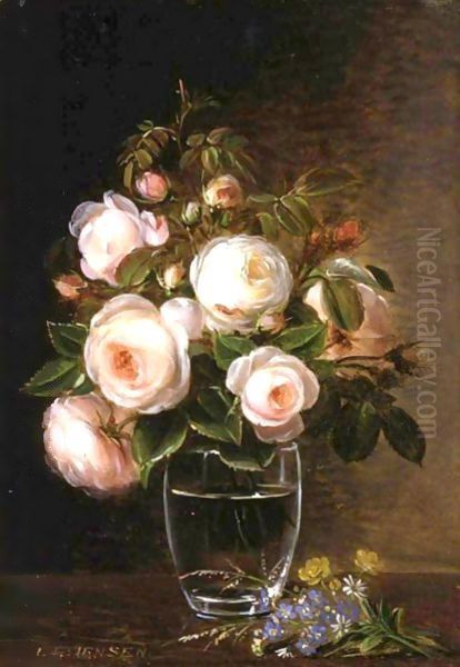 Roses In A Glass Vase With Yellow Buttercups, Forget-Me-Nots And Chickweed On A Marble Ledge Oil Painting by Johan Laurentz Jensen