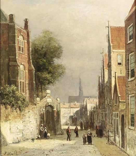 A Street Scene In Haarlem, The St Bavo Church In The Background Oil Painting by Johannes Frederik Hulk