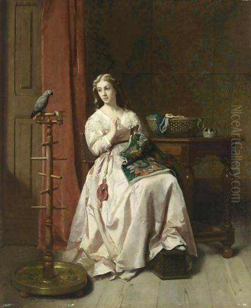 An Elegant Lady With A Parrot Oil Painting by Florent Willems