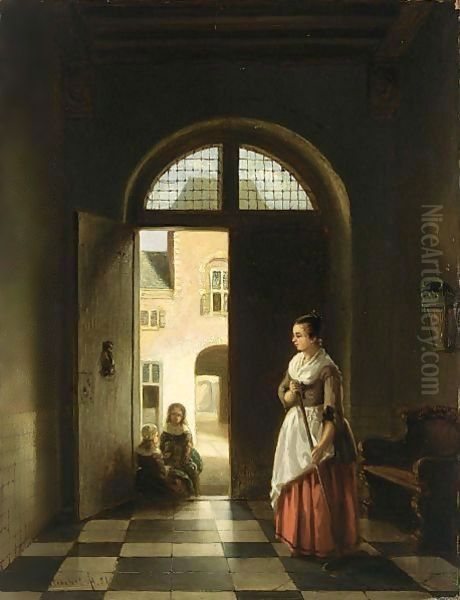 Playing Children In A Doorway Oil Painting by Johannes Anthonie Balthasar Stroebel