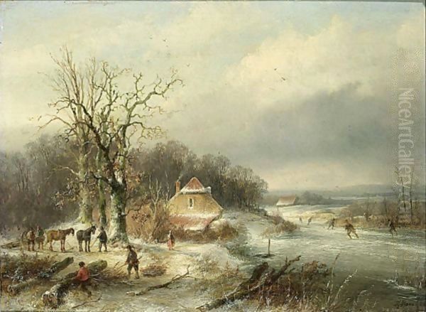 Winter Landscape With Skaters And Woodgatherers Oil Painting by Josephus Gerardus Hans