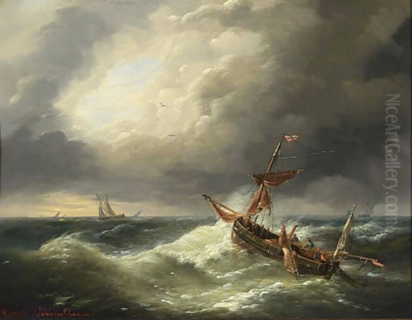 A Sailing Vessel In Choppy Waters Oil Painting by Louis Verboeckhoven