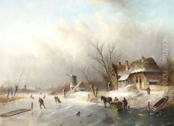 Skaters On A Frozen River Oil Painting by Jan Jacob Coenraad Spohler