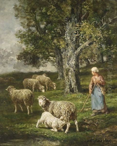 A Shepherdess With Her Flock 3 Oil Painting by Charles Emile Jacque