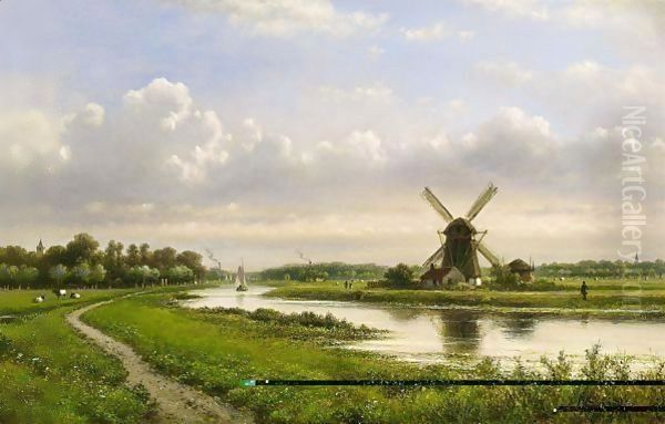 A Summer Landscape With A Windmill Along A Waterway Oil Painting by Lodewijk Johannes Kleijn