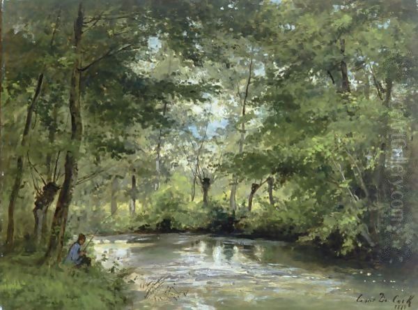 An Angler By A Forest Stream Oil Painting by Cesar De Cock