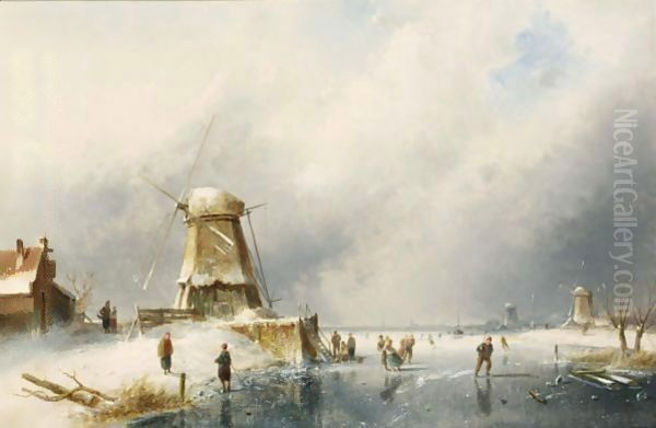 A Winter Landscape With Skaters On The Ice Oil Painting by Charles Henri Leickert