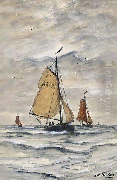 Bomschuiten At Sea 2 Oil Painting by Hendrik Willem Mesdag