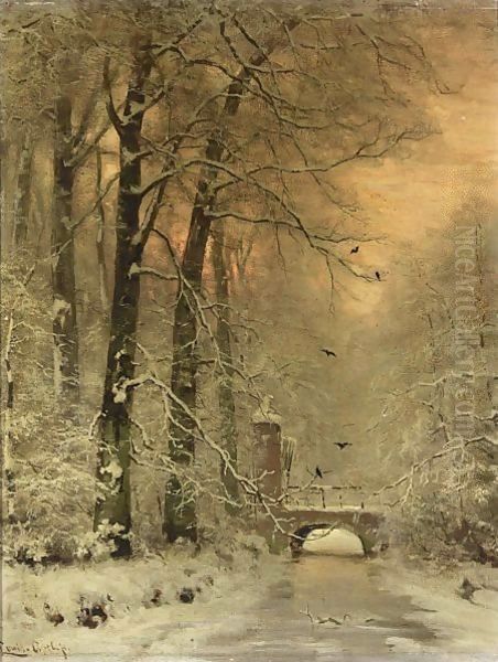 A Snowy Landscape At Sunset Oil Painting by Louis Apol