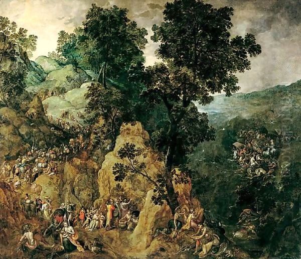 The Israelites' Flight From Egypt To The Promised Land, With Pharaoh's Army Engulfed By The Red Sea, Moses Striking The Rock, And Moses With The Tablets Of The Law Oil Painting by Gillis Mostaert