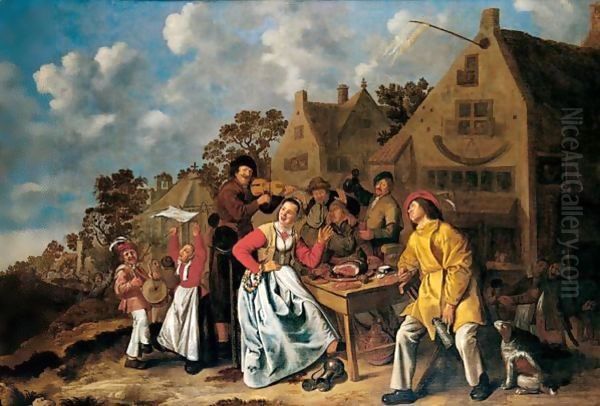 Peasants Feasting And Playing Music Outside A Tavern Oil Painting by Jan Miense Molenaer