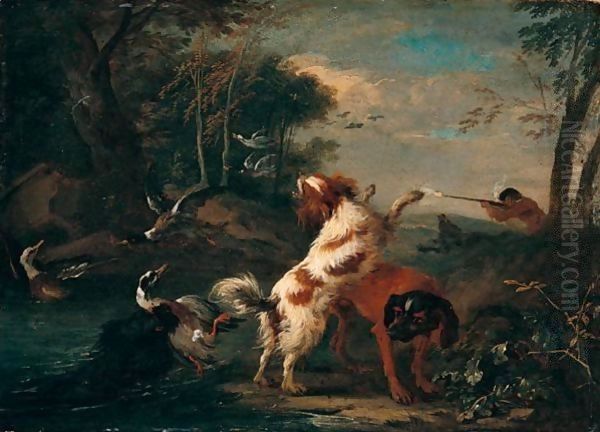 River Landscape With A Huntsman Shooting Duck, Spaniels And Other Dogs In The Foreground Oil Painting by Adriaen de Gryef