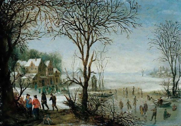 Winter Landscape With Sportsmen And Skaters Near A Village Oil Painting by Denys Van Alsloot