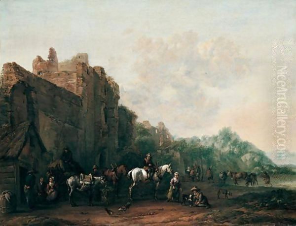 Travellers And Pack Animals Resting Before A Ruined Building, A Drover Watering His Cattle Beyond Oil Painting by Barend Gael or Gaal