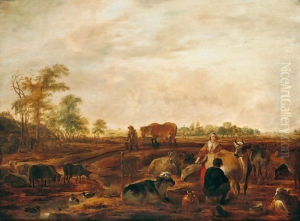 A Landscape With A Milkmaid And Man Milking A Cow Near Farm Buildings, A Man Leading A Horse On A Track Nearby, A Church And Windmill In The Distance Oil Painting by Cornelis Saftleven