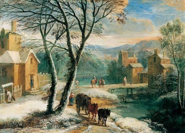 A Winter Landscape With Travellers And Waggoners Beside A River Oil Painting by Adriaen Frans Boudewijns