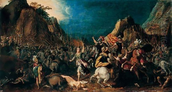 A Classical Battle Scene Oil Painting by Adriaen van Nieulandt