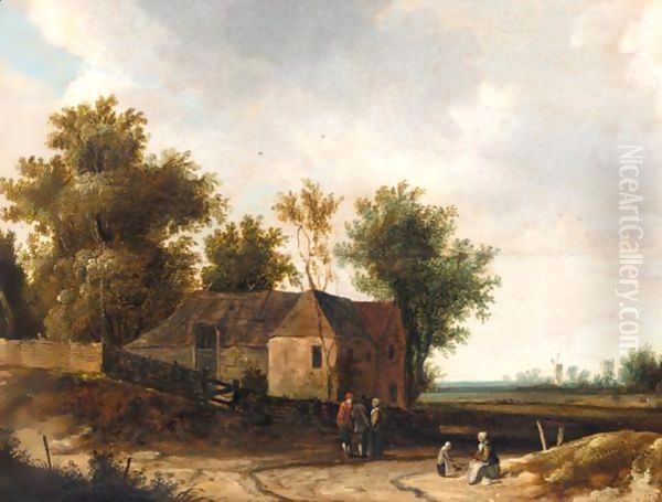 A Landscape With Figures Resting Before A Barn Oil Painting by Roelof Jansz. Van Vries