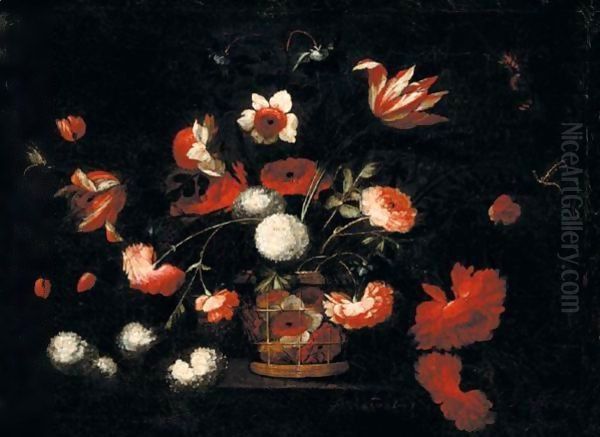 Still Life Of Various Flowers In A Basket On A Stone Ledge Oil Painting by Juan De Arellano