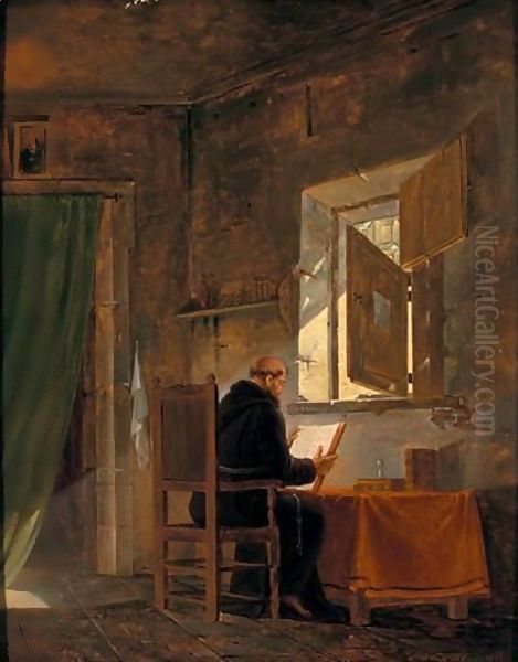 A Monk In An Interior Reading Before An Open Window Oil Painting by Ferdinand Marie Delvaux