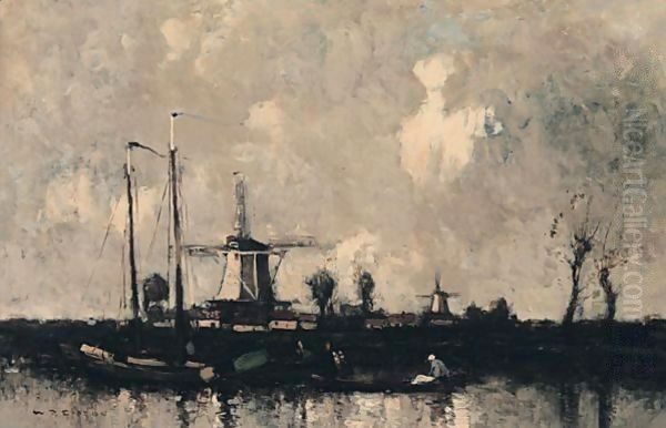 Dutch Fishing Boats With A Windmill Beyond Oil Painting by William Alfred Gibson