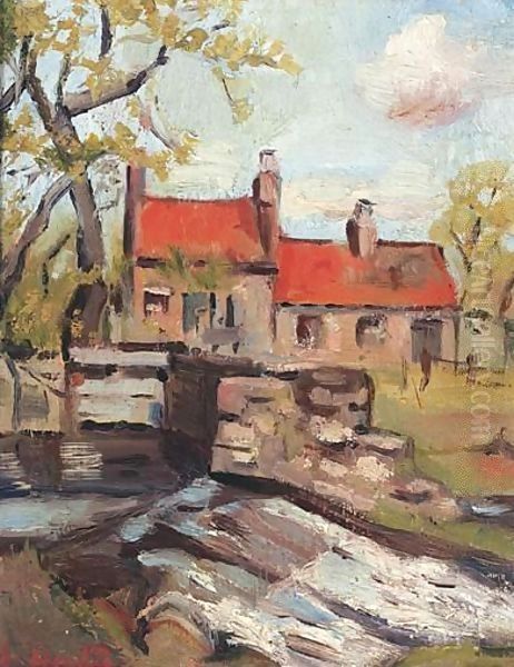 Red Roofs By A Weir Oil Painting by George Leslie Hunter