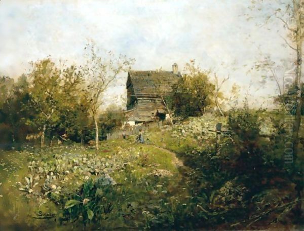 Bauernhof Bei Haslau An Der Donau (Farmhouse Near Haslau On The Danube) Oil Painting by Emil Jakob Schindler