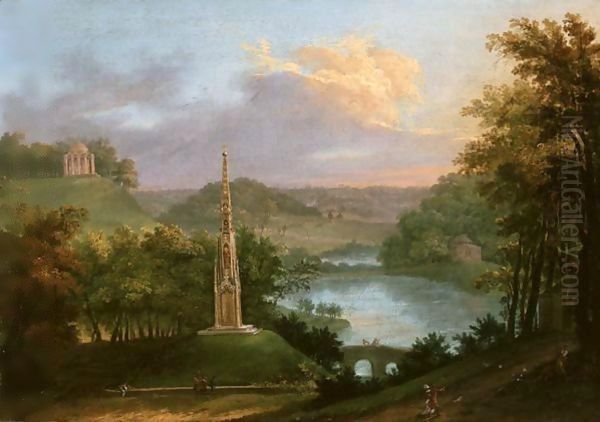 View Of The Park At Stourhead With Figures By The Monument Oil Painting by Copplestone Warre Bamfylde