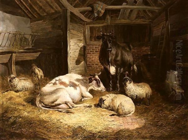 Cattle And Sheep In A Stable Oil Painting by John Frederick Herring Snr