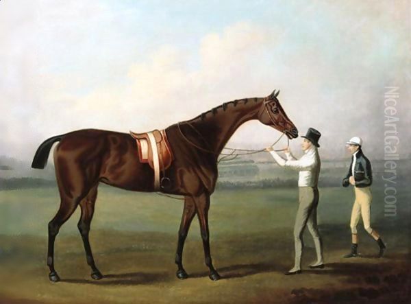 A Bay Racehorse, With Jockey And Owner On Chester Racecourse Oil Painting by Daniel Clowes