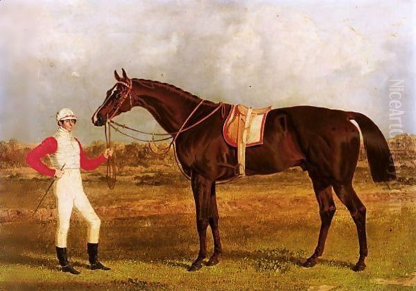 Euclid, A Chestnut Racehorse Held By His Jockey, Patrick Conolly, In A Landscape Oil Painting by John Frederick Herring Snr