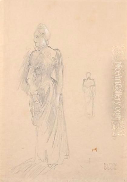 Stehende Dame Im Langen Kleid Nach Links (Standing Female Figure In A Long Dress Facing Left) Oil Painting by Gustav Klimt