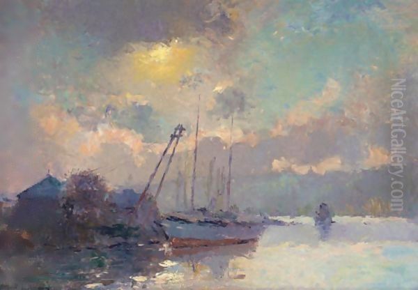 Environs De Rouen, Soleil Couchant Oil Painting by Albert Lebourg