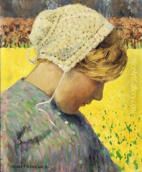 Dutch Girl Before A Daffodil Field Oil Painting by George Hitchcock