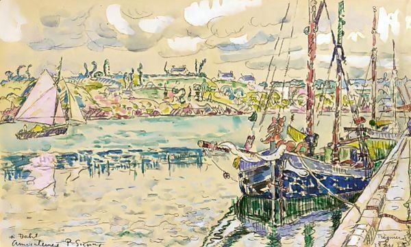 Treguier, Bateaux A Quai Oil Painting by Paul Signac