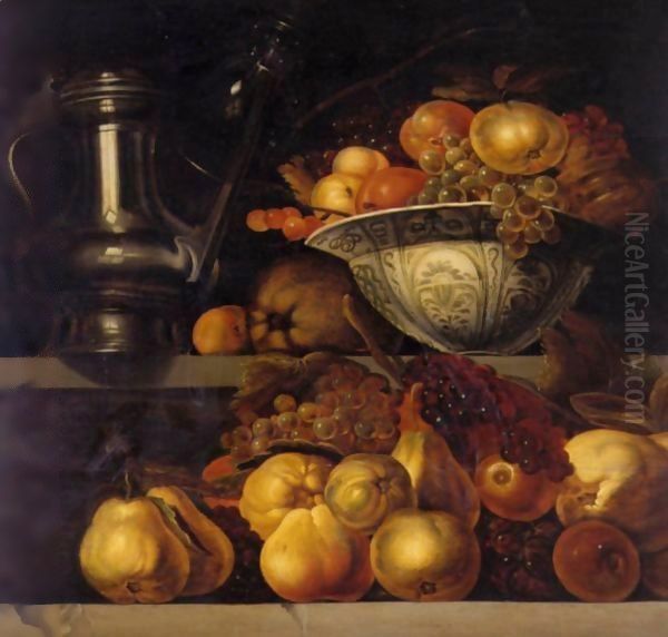 Still Life Of Fruit Resting On A Ledge, With A Wan-Li Porcelain Bowl Filled With Fruit And A Pewter Jug Resting On A Ledge Above Oil Painting by Jan Davidsz. De Heem