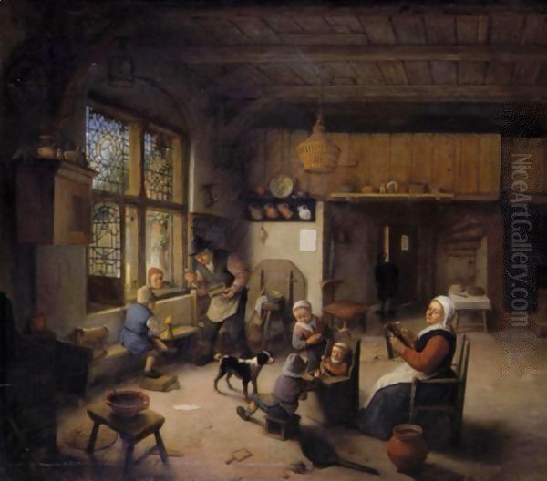 Peasant Family In An Interior Oil Painting by Adriaen Jansz. Van Ostade