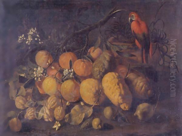 Still Life With Oranges, Lemons And A Parrot In A Landscape Oil Painting by Giovanni Battista Ruoppolo