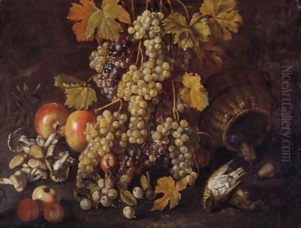 Still Life Of Grapes, Pomegranates, Mushrooms, A Basket And Game In A Landscape Oil Painting by Giovanni Battista Ruoppolo