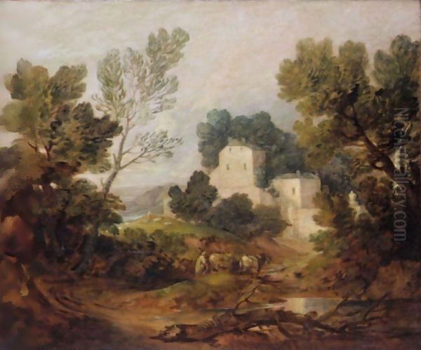 Wooded Landscape With A Driver And Cattle And A Distant Mansion Oil Painting by Thomas Gainsborough