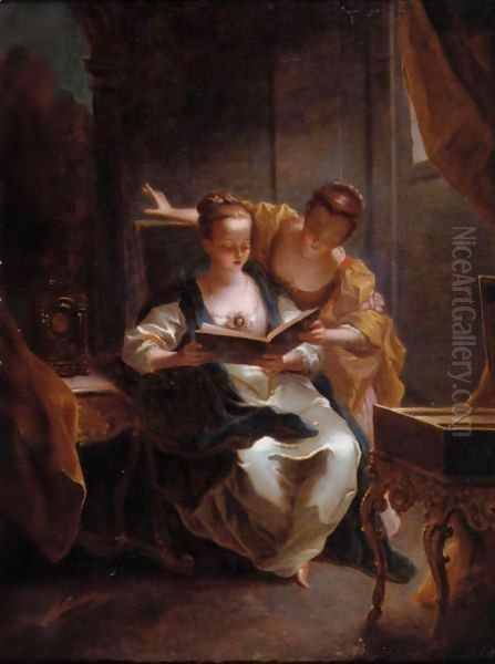 Two Young Ladies Singing In An Elegant Interior Oil Painting by Jean Raoux