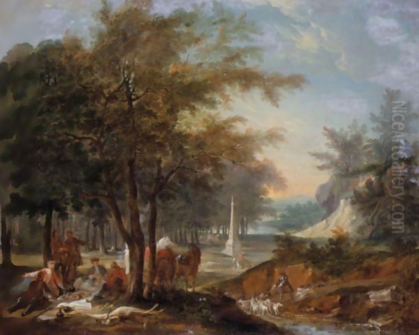 A Hunting Party Lunching In A Landscape Oil Painting by Jean-Baptiste Oudry